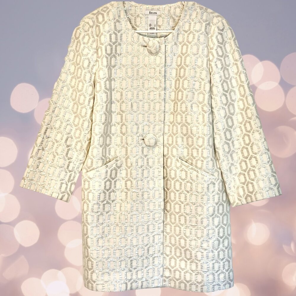 Liz & Co.Silvery and White Geometric Coat in L: Formalwear; Mid-Thigh Length